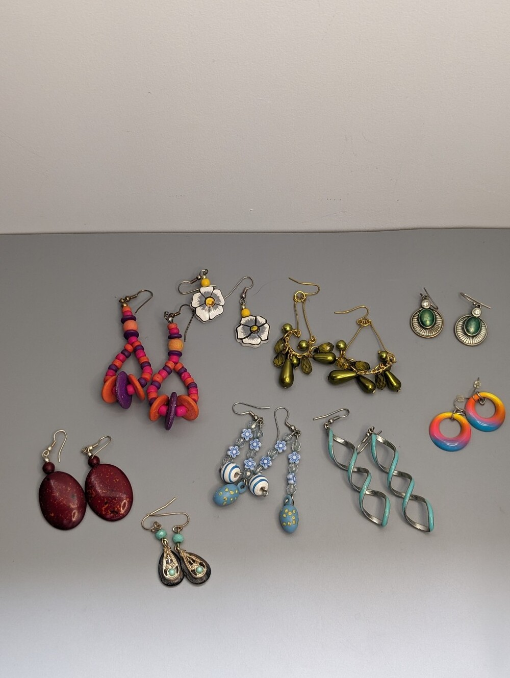 Boho Earring Bundle Nine Pair Mixed Styles Floral Turquoise Enamel Vintage